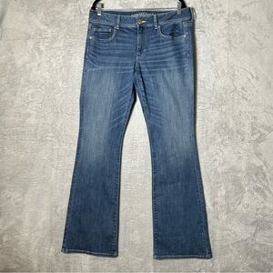 American Eagle Kick Boot Jeans Womens 14 X Long Dark Blue Denim Stretch Distress